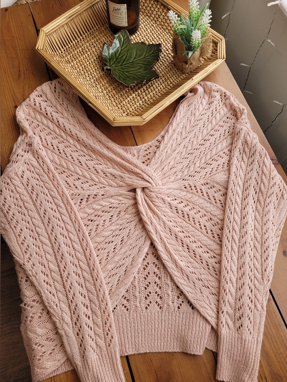 Dusty Pink Twist Knot Crochet Off The Shoulder Sweater